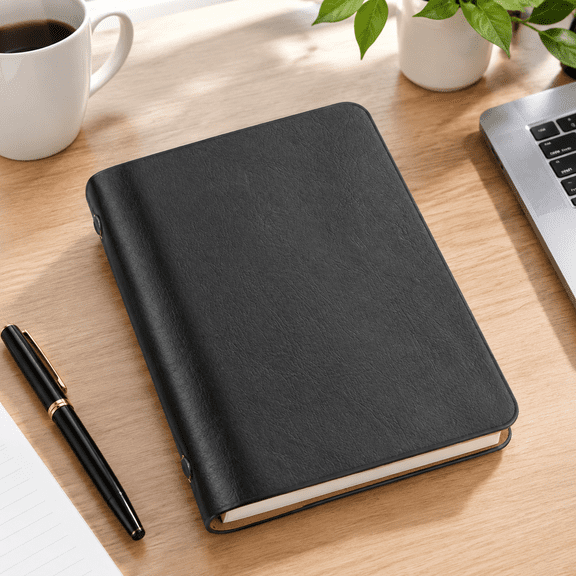 6 Ring Binder Cover, A7 Leather Notebook Binder Mini Refillable Loose Leaf Personal Planner with 50 Sheets Paper, Black