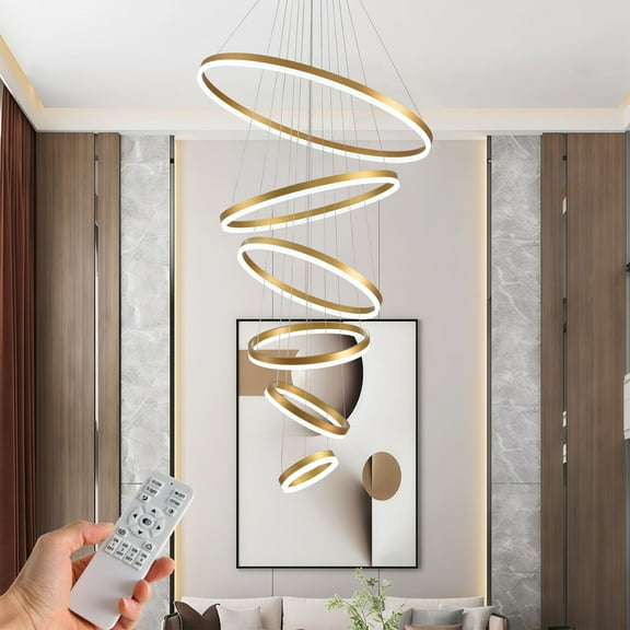 6 Ring Modern LED Chandelier,Gold Large Foyer Chandeliers with Remote Control,Hanging Ceiling Light Circular Chandelier for Dinning Room Entryway