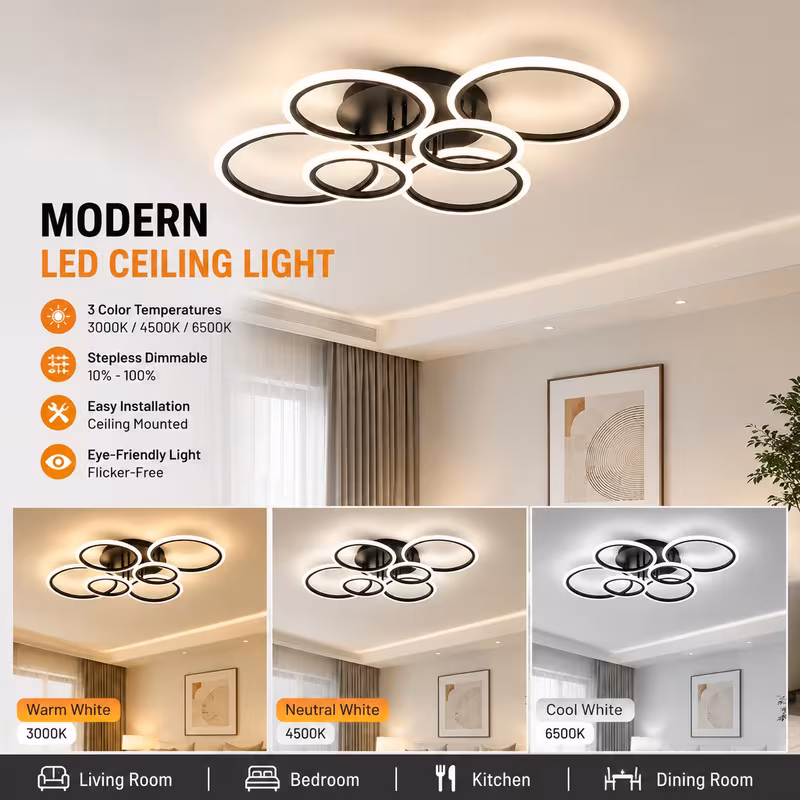 6-Ring Modern Light Luxury LED Dimmable Ceiling Light for Kitchen Living Room Bedroom