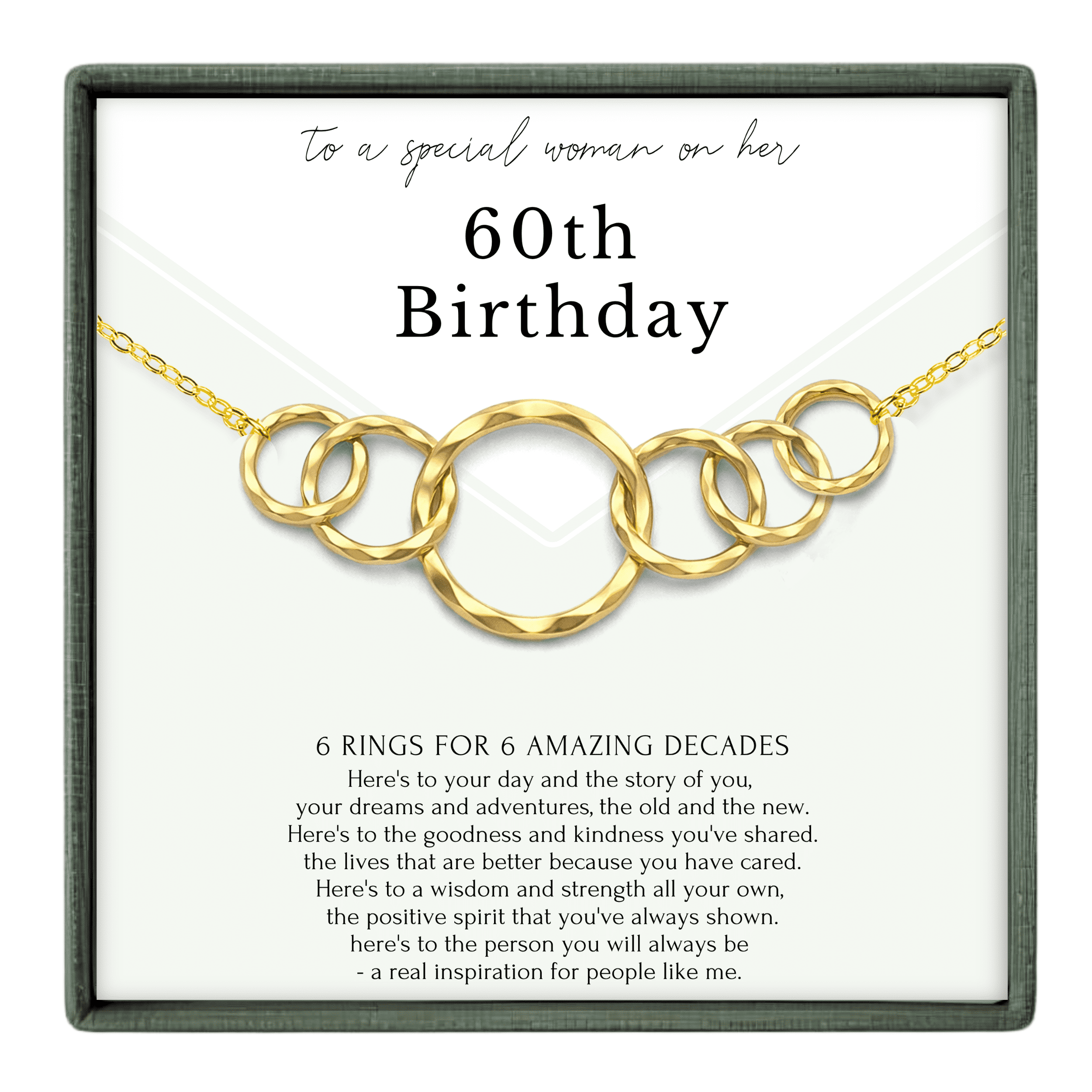 HOPE LOVE SHINE 60th Birthday Gold Necklace – 6 Ring Six Decades Gift for Her