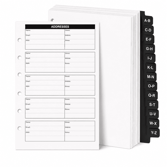 6-Ring Personal Address Book Refill Pages with Alphabetical Index, 50 Sheets, Contact and Social Information Organizer, 3.75 x 6.75 Inch