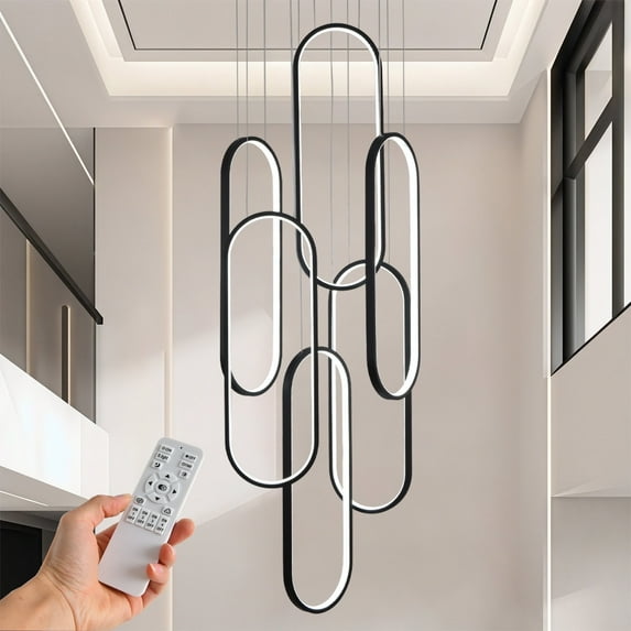 6 Rings Modern LED Chandelier,Large Black High Ceiling Chandeliers with Remote Control Ring Pendant Light Fixture for Staircase Foyer Entryway