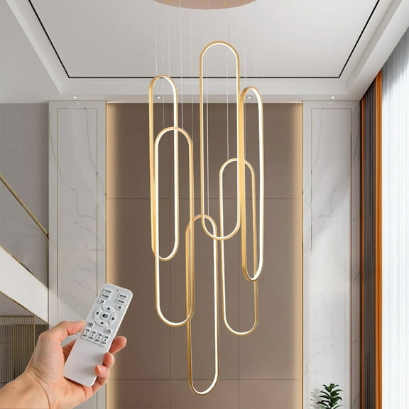 6 Rings Modern LED Chandelier,Large Gold High Ceiling Chandeliers with Remote Control Ring Pendant Light Fixture for Staircase Foyer Entryway