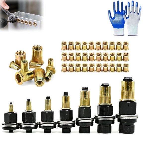 6 Rivet Nut Pliers and 60 Press-in Nuts Kit, Head Rivet Nut Tool, M3-M12, Carbon Steel Hand Tool Kit, for Automotive Construction Repair