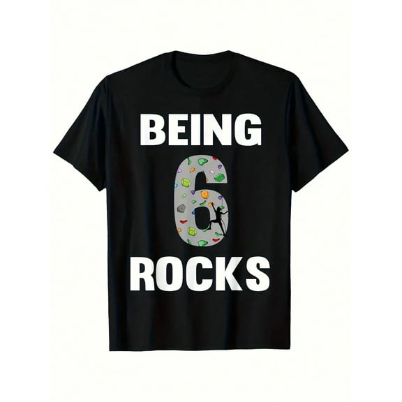 Being 6 Rocks Birthday T-Shirt For Boys - Soft Cotton Tee With Fun Letter & Rock Star Design, Casual Loose Fit, Short Sleeve, Perfect For Spring/Summer, Birthday Apparel | Playful Graphic Tee
