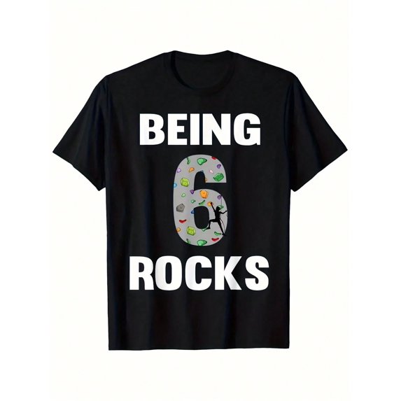 MAWOTEA Being 6 Rocks Birthday T-Shirt For Boys - Soft Cotton Tee With Fun Letter & Rock Star Design, Casual Loose Fit, Short Sleeve, Perfect For Spring/Summer, Birthday Apparel | Playful Graphic Tee