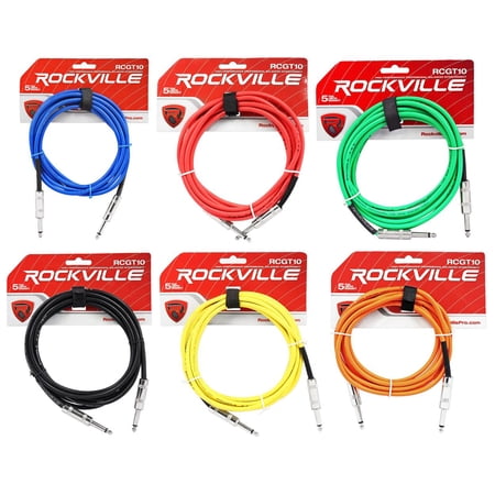 6 Rockville 10' 1/4" TS to 1/4'' TS Guitar/Instrument Cable (6 Colors)