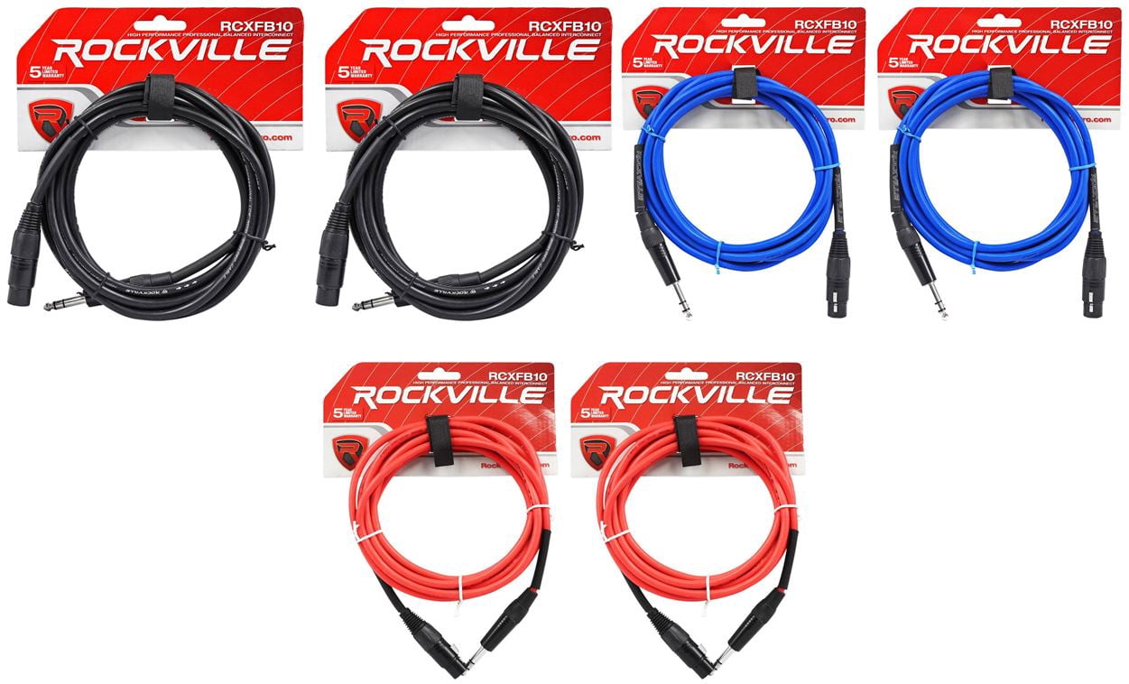 6 Rockville 10' Female Rean XLR to 1/4'' TRS  Cables (3 Colors x 2 of Each)