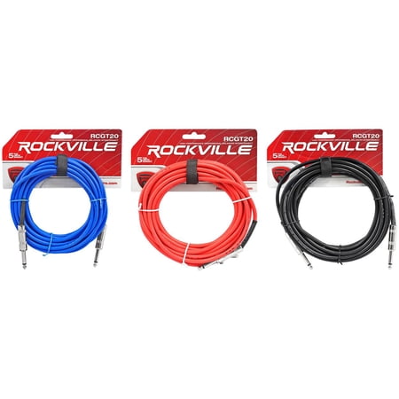 6 Rockville 20' 1/4" TS-1/4'' TS Guitar/Instrument Cable (3 Colors x2 of each)