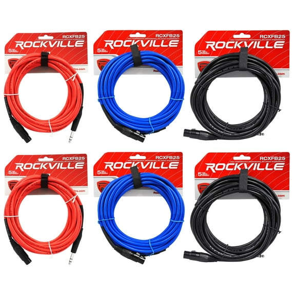 6 Rockville 25' Female Rean XLR to 1/4'' TRS Cables (3 Colors x 2 of Each)