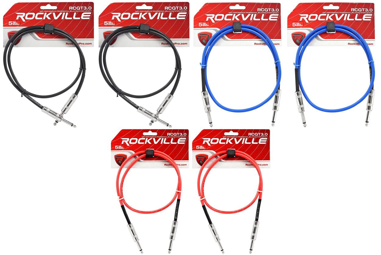 6 Rockville 3'  1/4" TS - 1/4'' TS Guitar/Instrument Cable (3 Colorsx 2 of each)