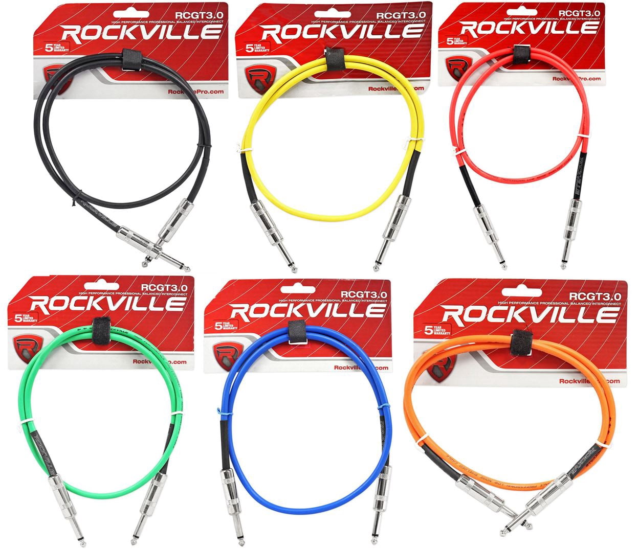 6 Rockville 3'  1/4" TS to 1/4'' TS Guitar/Instrument Cable (6 Colors)