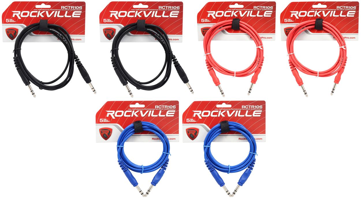 6 Rockville 6' 1/4'' TRS to 1/4'' TRS Cable 100% Copper (3 Colors x 2 of Each)