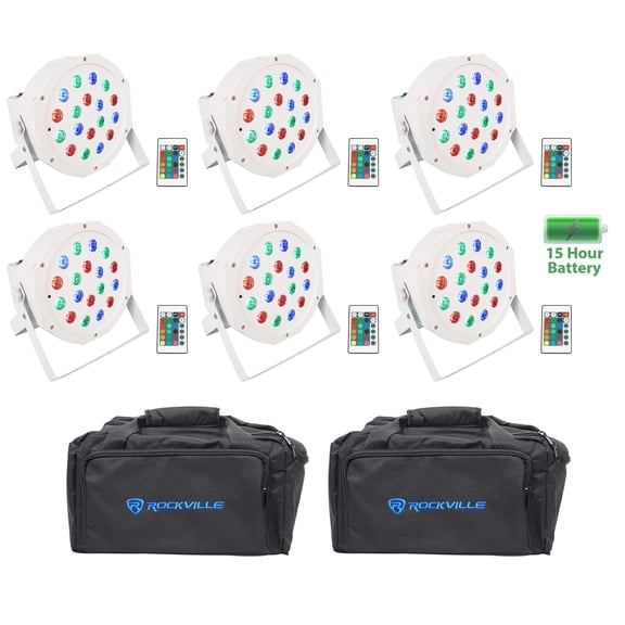 (6) Rockville BATTERY PAR 50 White Rechargeable LED DMX DJ Wash Up-Lights+Bags