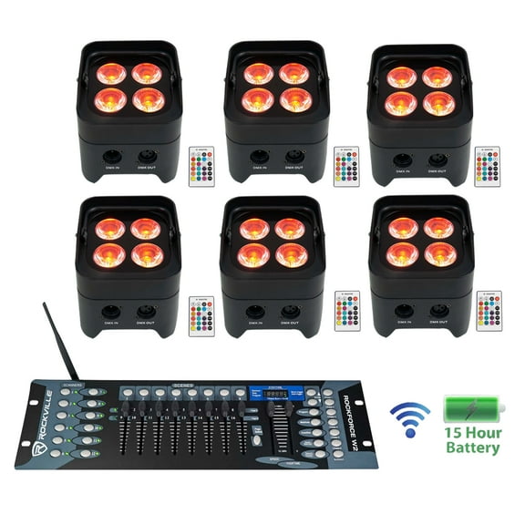 6 Rockville BEST PAR 50 Battery Par Wash Lights Wireless DMX+Controller+RGBWA+UV