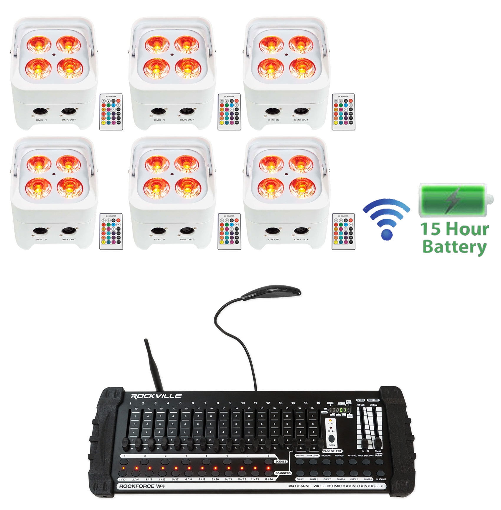 6) Rockville BEST PAR 50 Battery Wash Lights Wireless DMX+384 Channel Controller