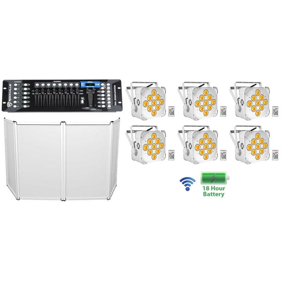 (6) Rockville BEST PAR 60 White Rechargeable Wireless Wash Lights+Facade+Control