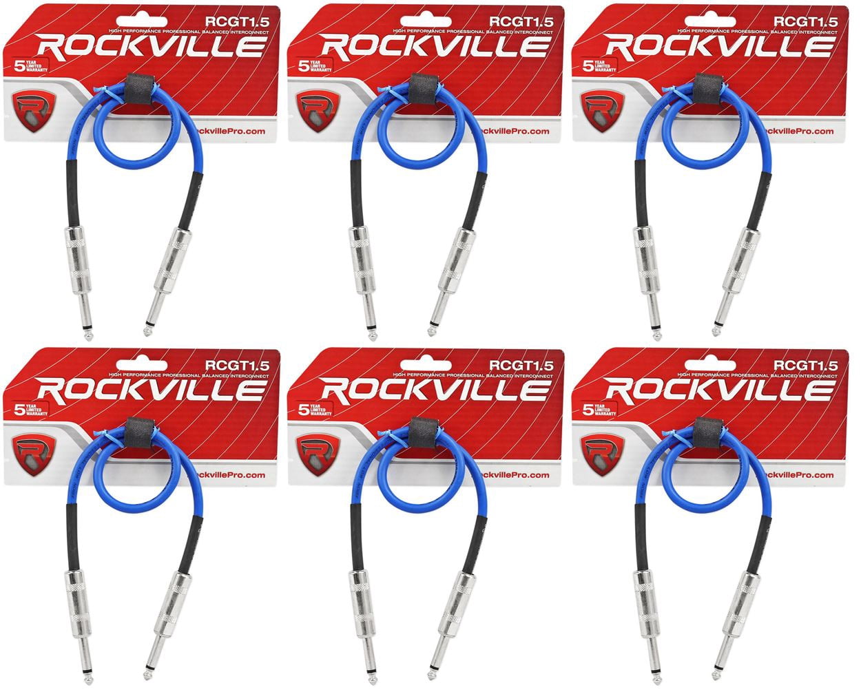 6 Rockville RCGT1.5BL 1.5'  1/4" TS to 1/4'' TS Guitar/Instrument Cable