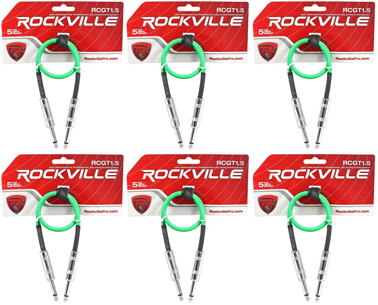 6 Rockville RCGT1.5G 1.5'  1/4" TS to 1/4'' TS Guitar/Instrument Cable