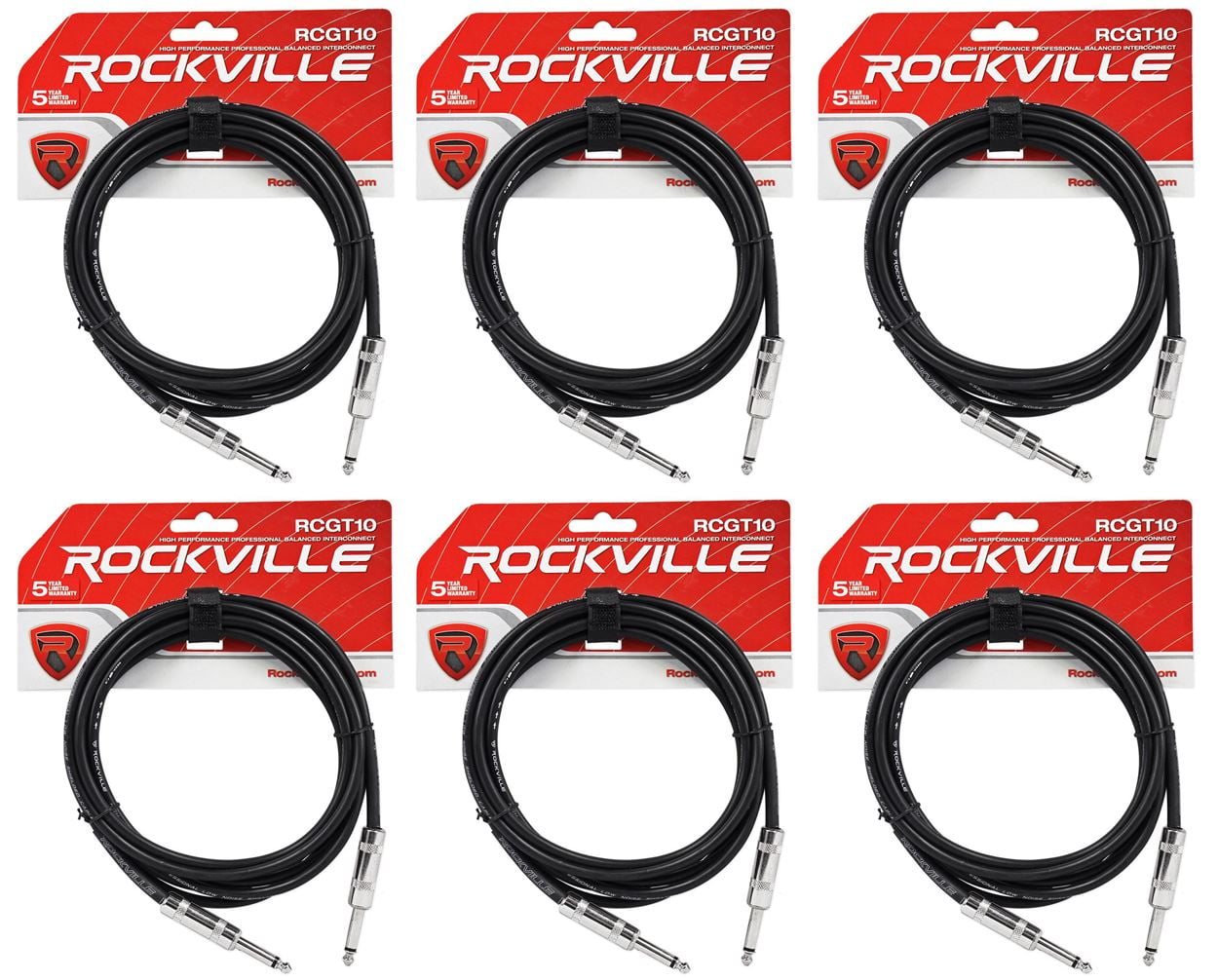 6 Rockville RCGT10B 10'  1/4" TS to 1/4'' TS Guitar/Instrument Cable