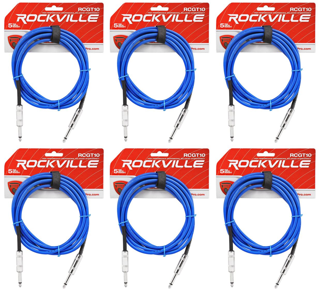 6 Rockville RCGT10BL 10'  1/4" TS to 1/4'' TS Guitar/Instrument Cable