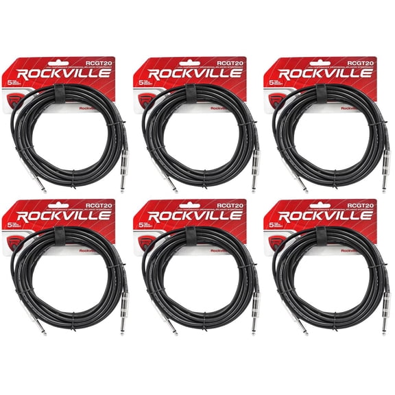 6 Rockville RCGT20B 20'  1/4" TS to 1/4'' TS Guitar/Instrument Cable