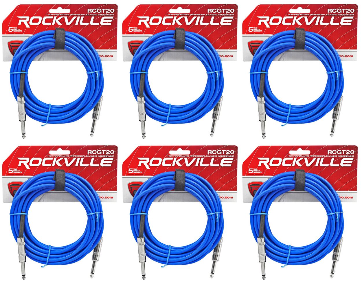 6 Rockville RCGT20BL 20'  1/4" TS to 1/4'' TS Guitar/Instrument Cable