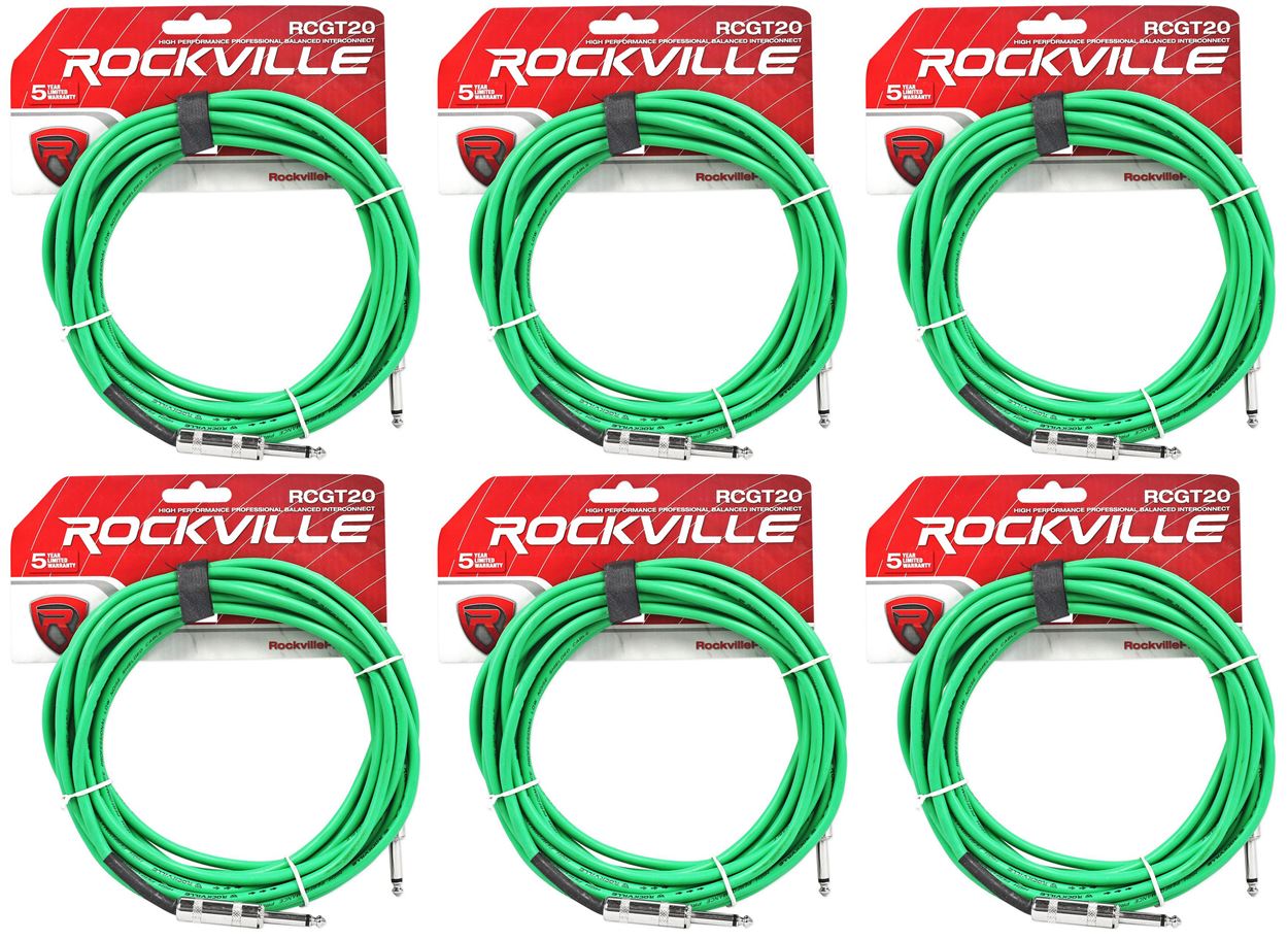 6 Rockville RCGT20G 20'  1/4" TS to 1/4'' TS Guitar/Instrument Cable