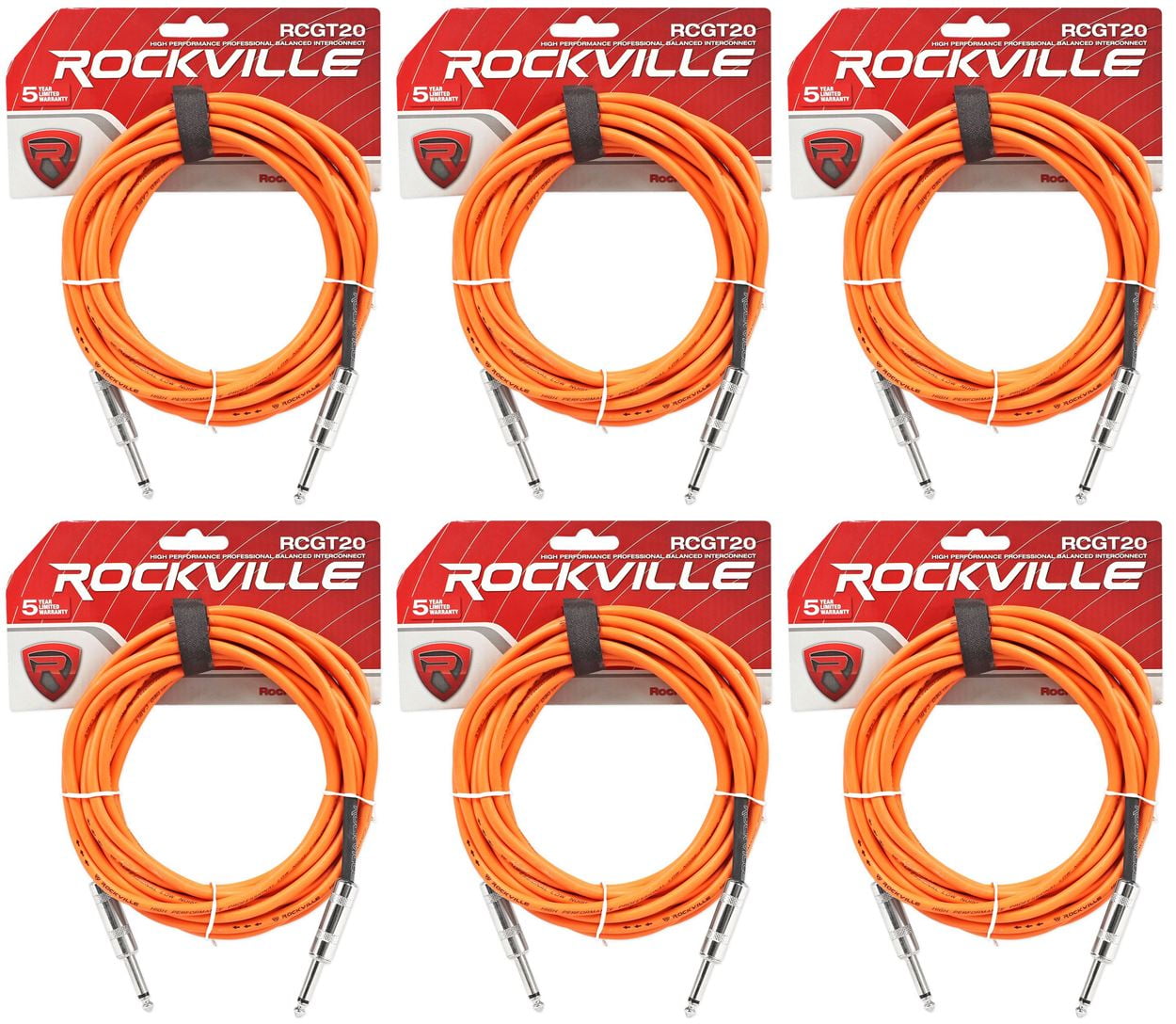 6 Rockville RCGT20O 20'  1/4" TS to 1/4'' TS Guitar/Instrument Cable
