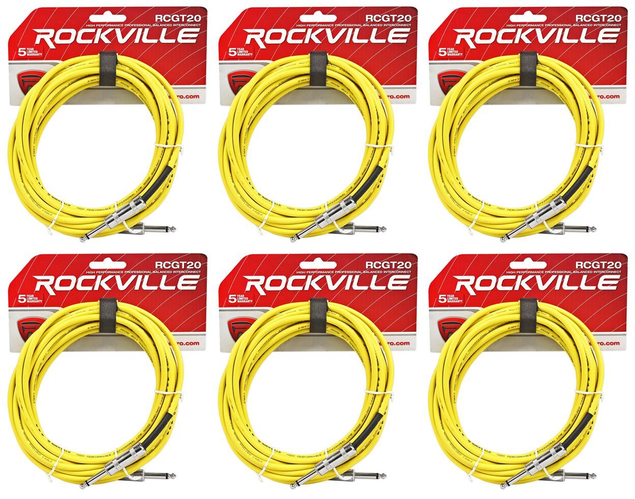 6 Rockville RCGT20Y 20'  1/4" TS to 1/4'' TS Guitar/Instrument Cable