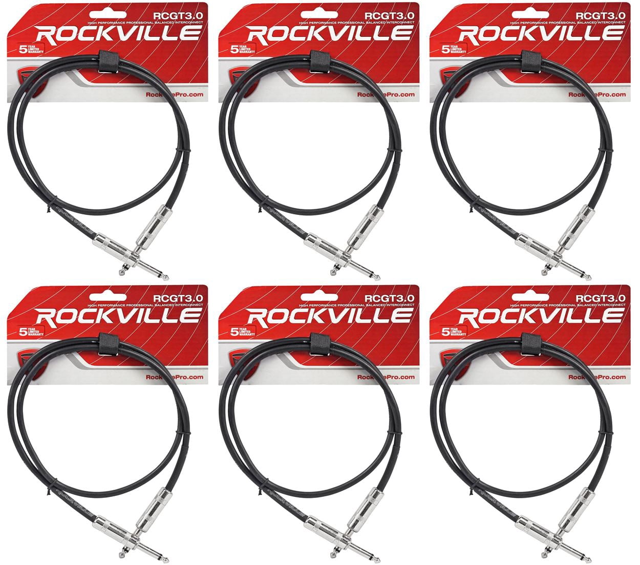 6 Rockville RCGT3.0B 3'  1/4" TS to 1/4'' TS Guitar Pedal Board/Instrument Cable
