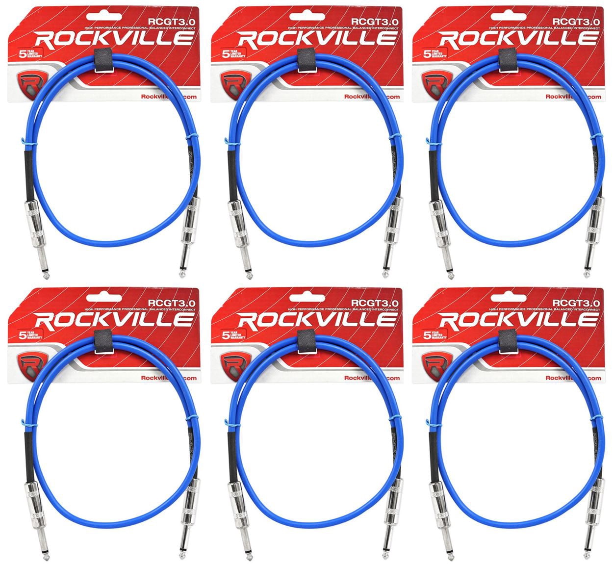 6 Rockville RCGT3.0BL 3'  1/4" TS to 1/4'' TS Guitar/Instrument Cable
