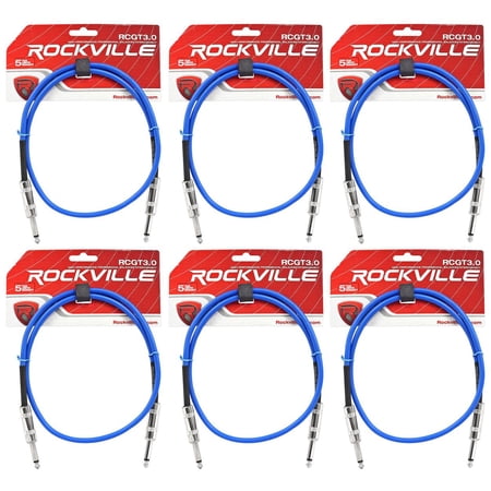 6 Rockville RCGT3.0BL 3' 1/4" TS to 1/4'' TS Guitar/Instrument Cable