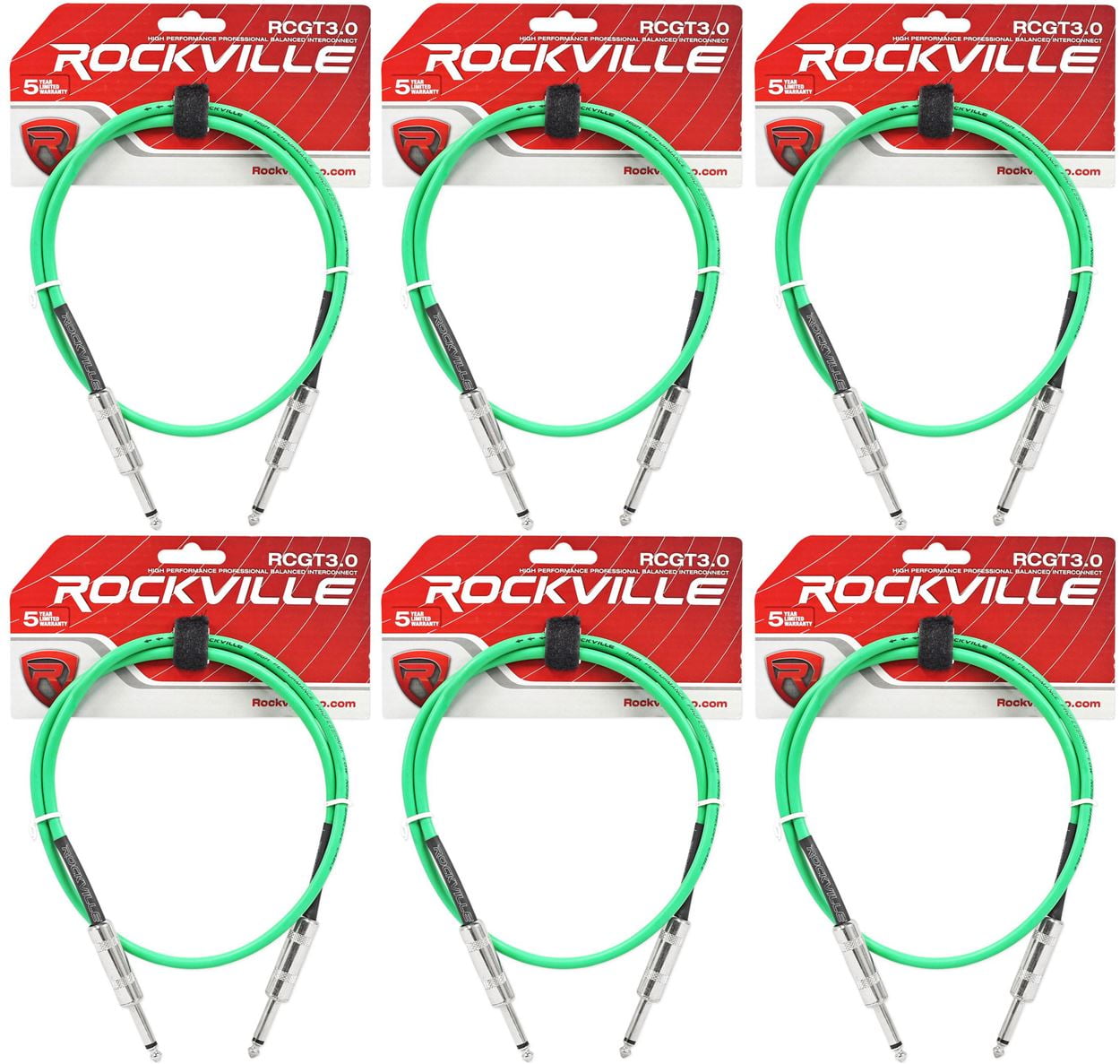 6 Rockville RCGT3.0G 3'  1/4" TS to 1/4'' TS Guitar/Instrument Cable