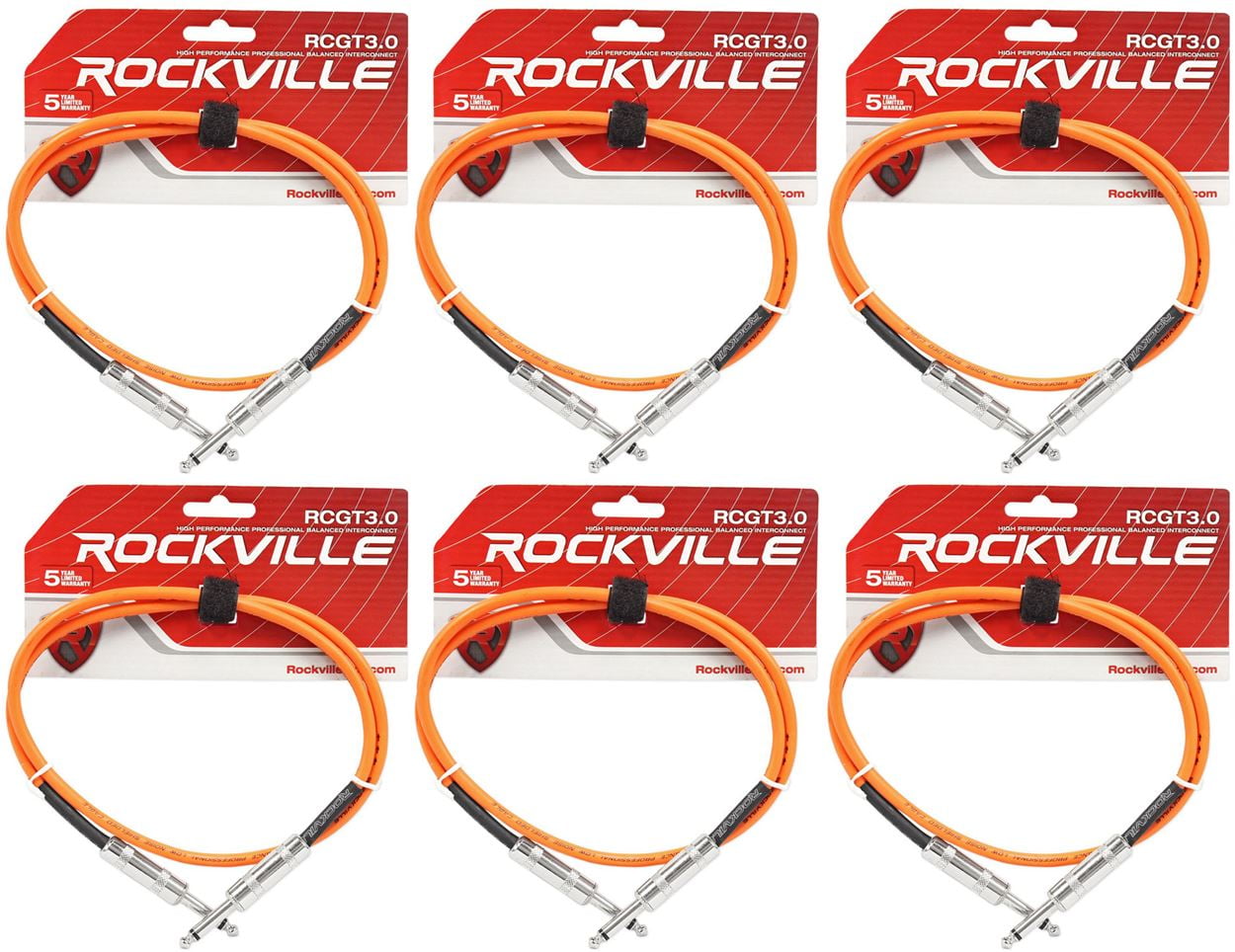 6 Rockville RCGT3.0O 3'  1/4" TS to 1/4'' TS Guitar/Instrument Cable