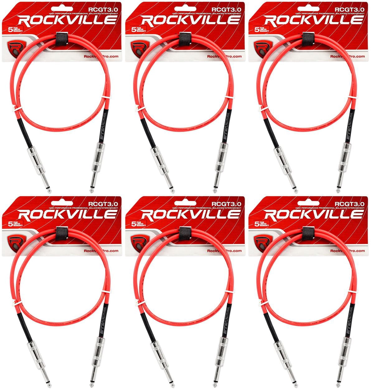 6 Rockville RCGT3.0R 3'  1/4" TS to 1/4'' TS Guitar/Instrument Cable
