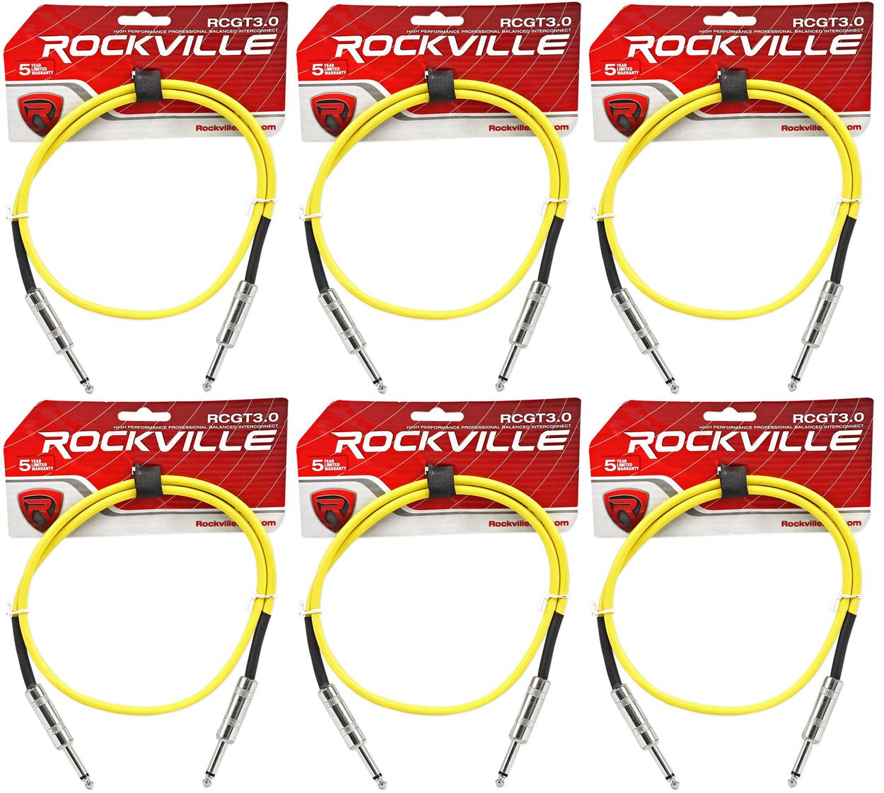 6 Rockville RCGT3.0Y 3'  1/4" TS to 1/4'' TS Guitar/Instrument Cable