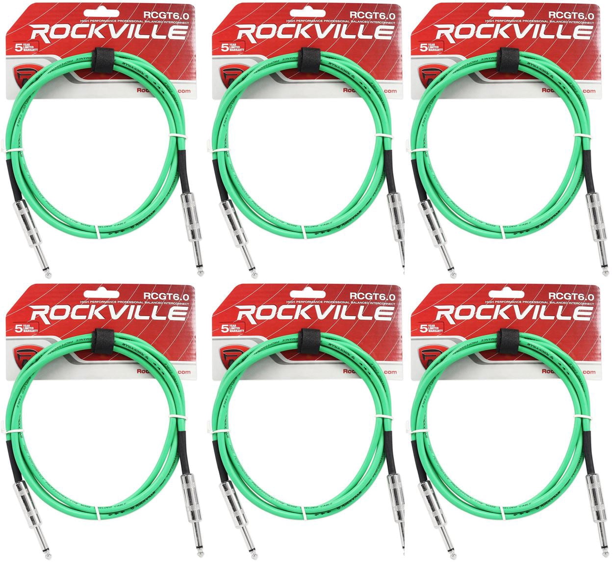 6 Rockville RCGT6.0G 6'  1/4" TS to 1/4'' TS Guitar/Instrument Cable