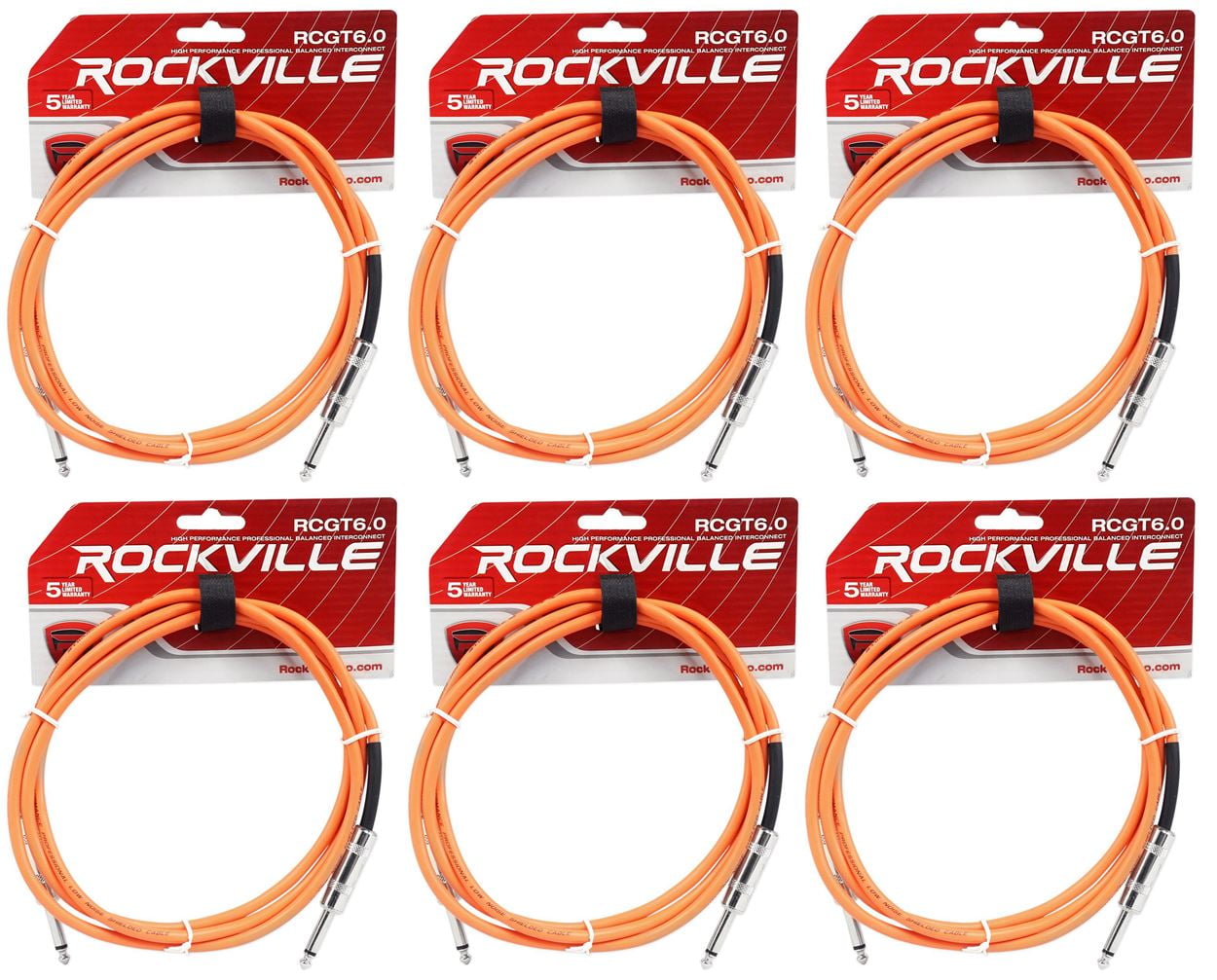 6 Rockville RCGT6.0O 6' 1/4" TS to 1/4'' TS Guitar/Instrument Cable