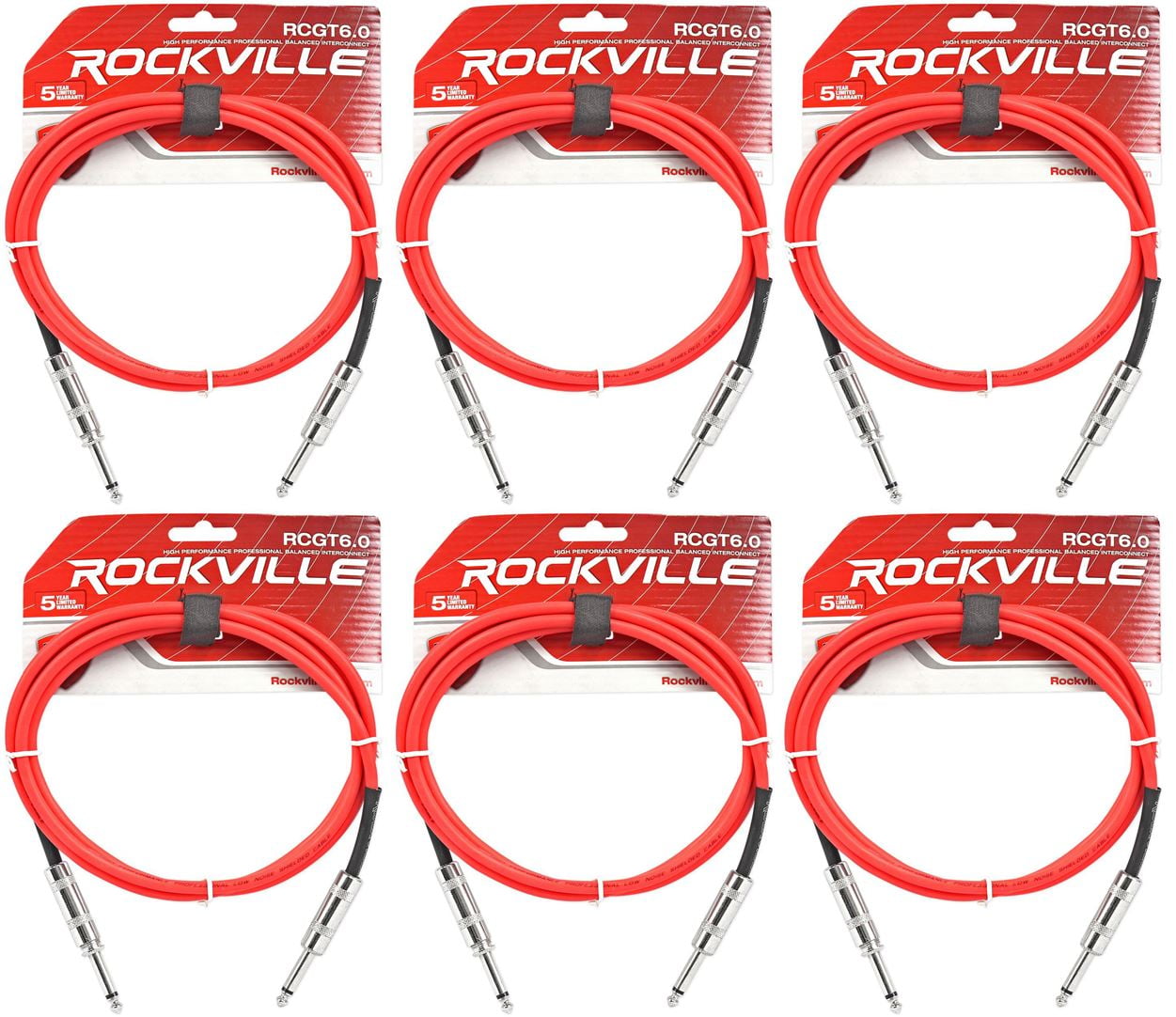 6 Rockville RCGT6.0R 6' 1/4" TS to 1/4'' TS Guitar/Instrument Cable