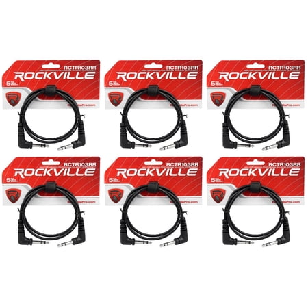 6 Rockville RCTR103RR-B 3' Black 1/4" TRS Right Angle to Same Cable 100% Copper