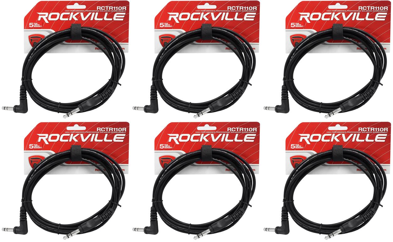 6 Rockville RCTR110R-B 10' 1/4" TRS Right Angle - 1/4" TRS Straight Cable