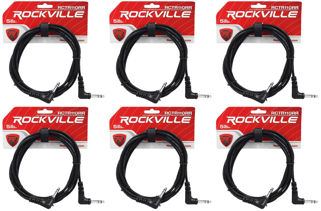 6 Rockville RCTR110RR-B 10' Black 1/4" TRS Right Angle to Same Cable 100% Copper