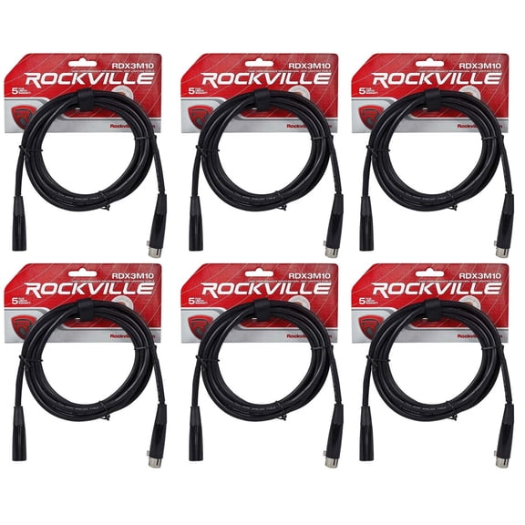 Rockville RDX3M10 10 Ft 3-Pin DMX Lighting Cable, 120 Ohm, OFC Conductors, Shielded XLR Connectors, for Stage and DJ Lighting, 6-piece