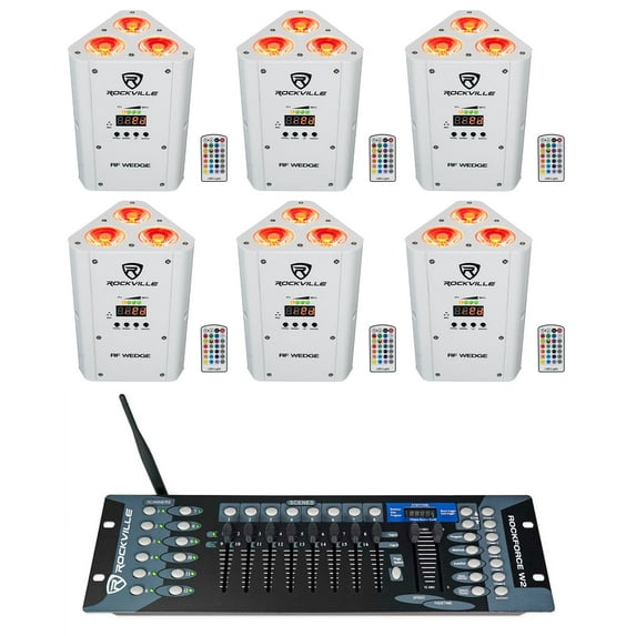 (6) Rockville RF WEDGE WHITE RGBWA+UV Battery Wireless DMX Up Lights+Controller