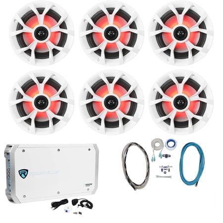 (6) Rockville RKL65MBW 6.5" 700 Watt Marine Boat LED Speakers+Amplifier+Amp Kit