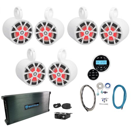 Rockville RKL80MW Bundle: (3) Speakers, DBM65 Amp, RMWK4 Wire Kit, (3) MAC80W Tower Pods, RGHR2 Receiver, Waterproof Design, 9-items