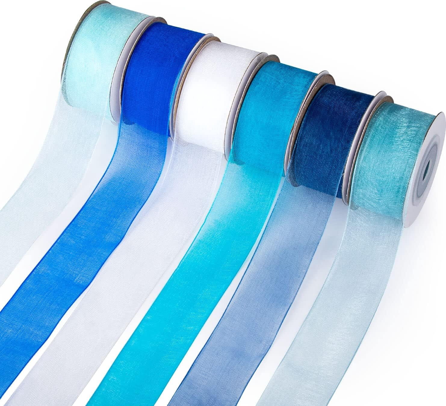 6 Roll 1 Inch Wide Blue Organza Ribbon for Christmas and Gift Wrapping - Sheer Chiffon (Blue)