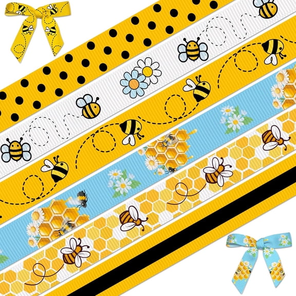 6 Roll 3/8''Spring Bee Ribbons for Crafts Wrapping Honeycomb Bumble Bee Ribbon 5Yards/Roll