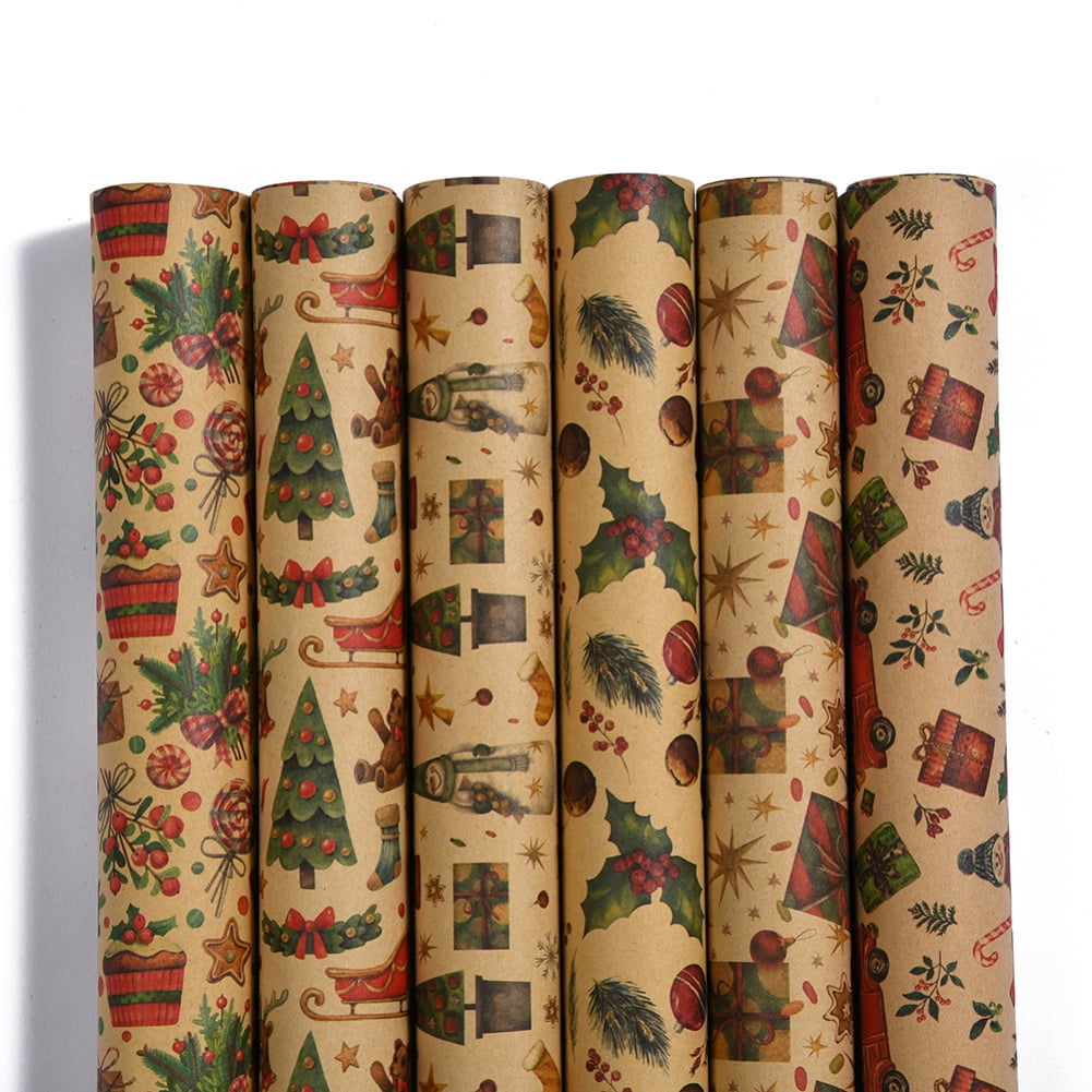 6 Roll Christmas Wrapping paper, Brown Kraft Paper with Red and Green